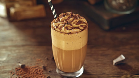 A chocolate protein shake in a glass, topped with cocoa powder and a striped straw, on a wooden table.の素材
