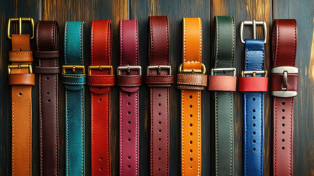 A collection of belts with bold colors and unique buckles arranged randomly on a wooden background.の素材