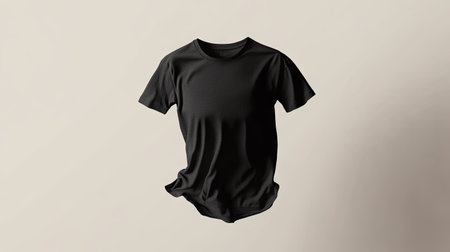 A classic black t-shirt hovering as if gently tossed, with detailed fabric texture visible.の素材