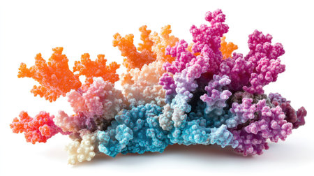A close-up of colorful coral, isolated on a white background, capturing its vibrant hues and delicate structure.の素材