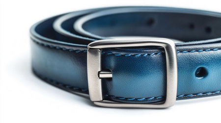 A close-up of a blue leather belt with a polished metal buckle isolated on a pure white background.の素材