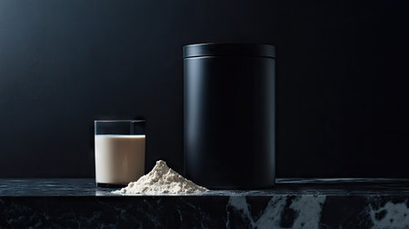 A black tub of whey protein with a scoop of powder and a glass of protein shake beside it.の素材