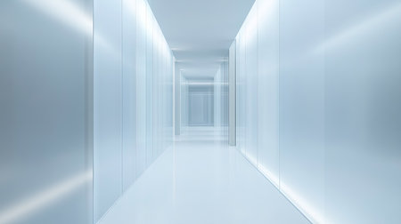 A clean and contemporary office hallway featuring frosted glass partitions, white floors, and soft LED lighting.の素材