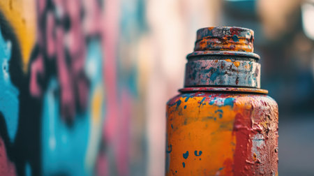 A close-up of a spray paint can nozzle covered in dried paint, with a blurred urban wall in the background.の素材