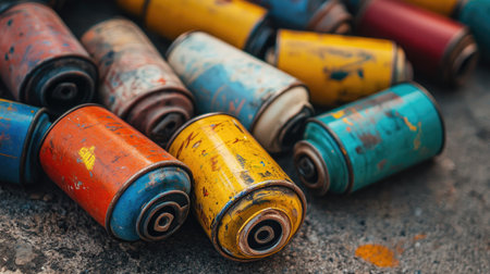 A collection of old, used spray paint cans with faded colors, scattered on an urban sidewalk.の素材