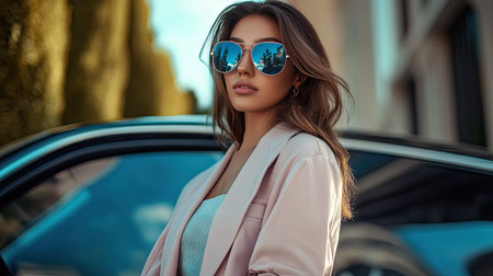 A confident woman in mirrored aviator sunglasses and a casual-chic outfit, standing next to a luxury car.の素材