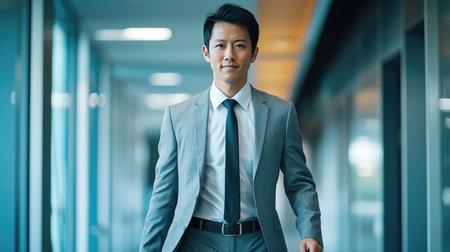 A business professional in a gray suit and a black belt, confidently walking through an office corridor.の素材