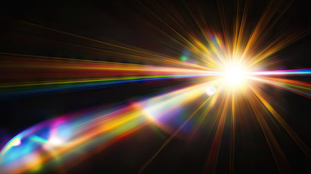 A circular sun flare emitting intense light beams and rainbow-like refractions on a black surface.の素材
