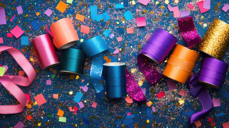 A creative flat lay of colorful self-adhesive tape rolls, ribbons, and glitter on a crafting desk.の素材