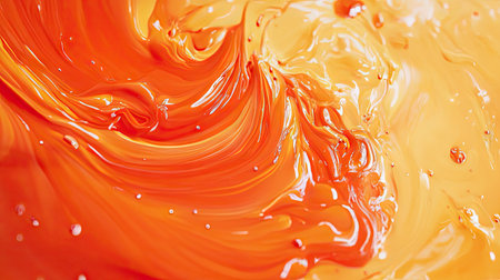 A bright orange and red swirl of paint being blended on a palette by a flat brush.の素材