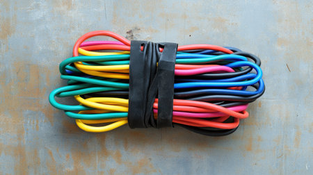 A bundle of colorful wires insulated with black electrical tape, set against a metallic surface.の素材