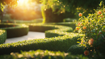 A charming hedge maze with bright sunlight highlighting the vibrant greens of the bushes.の素材