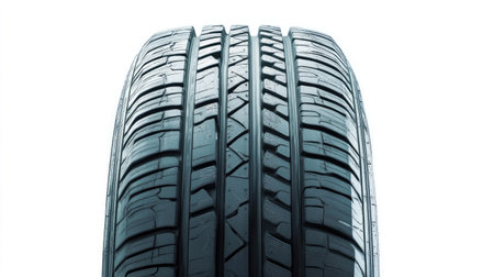 A car tire in profile, isolated on a white background, showing off the intricate details of the sidewall and tread.の素材