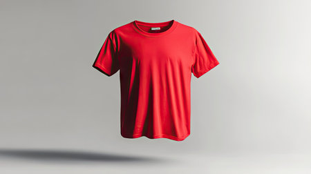 A bright red t-shirt floating mid-air on a clean white background, with soft shadows below.の素材