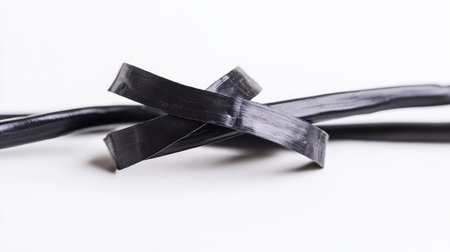 A close-up of two wires securely connected and wrapped with black electrical tape against a clean white background.の素材