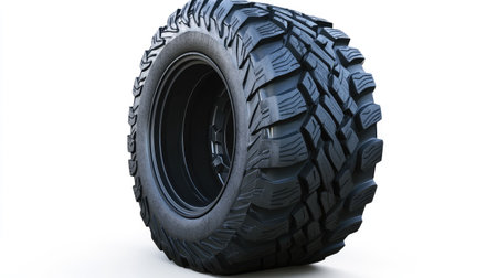 A car tire with deep, aggressive tread design, isolated and highlighted against a white backdrop.の素材