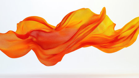 A bright orange t-shirt in mid-air with its fabric swirling gracefully, highlighted against a white background.の素材