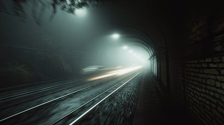 A car speeding through a foggy tunnel, with blurred light trails and misty surroundings.の素材