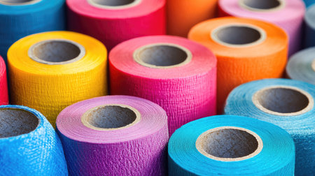 A close-up of the edges of stacked adhesive tape rolls in various vibrant colors.の素材