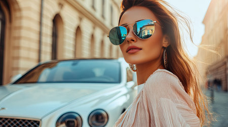 A confident woman in mirrored aviator sunglasses and a casual-chic outfit, standing next to a luxury car.の素材