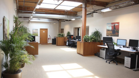 A bright and airy office with skylights, sleek workstations, and potted plants providing a touch of green.の素材