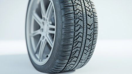 A close-up of a single car tire with intricate tread patterns, isolated on a white surface for emphasis.の素材