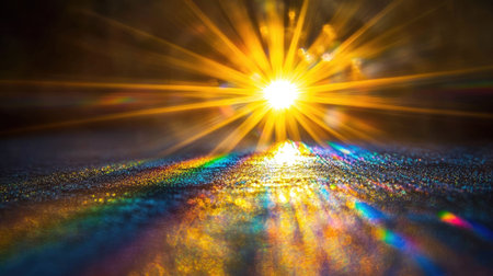 A circular sun flare emitting intense light beams and rainbow-like refractions on a black surface.の素材