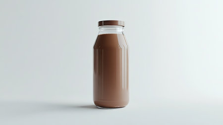 A close-up of a clear shaker bottle filled with a chocolate protein drink on a clean white background.の素材