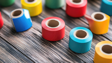 A close-up of vibrant self-adhesive tape rolls in shades of red, blue, yellow, and green, lying flat on a wooden surface.の素材