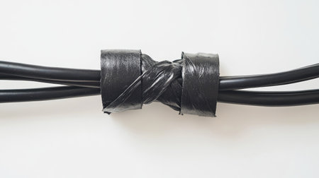 A close-up of two wires securely connected and wrapped with black electrical tape against a clean white background.の素材
