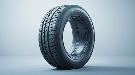 A car tire with a bold, wide tread design, isolated on a neutral background for a clean, clear presentation.の素材
