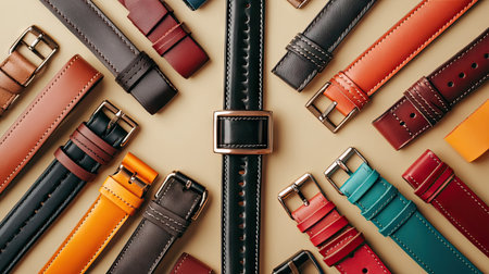 A classic black leather belt surrounded by colorful leather belts on a neutral background.の素材