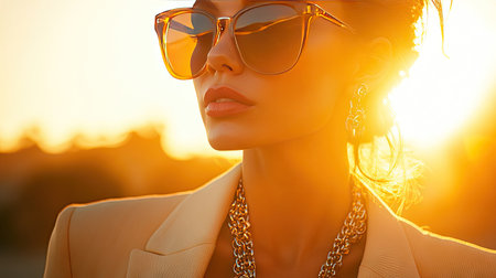 A chic woman in rectangular sunglasses and a statement necklace, framed by the golden hour sunlight.の素材