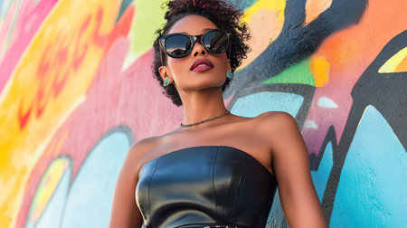 A confident woman wearing black sunglasses and a sleek leather skirt, standing against a colorful graffiti wall.の素材