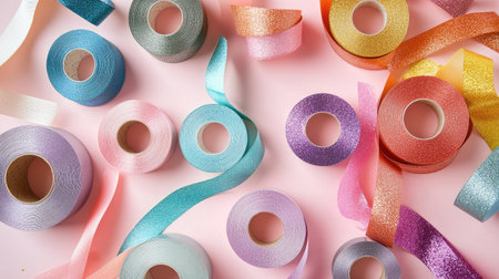 A creative flat lay of colorful self-adhesive tape rolls, ribbons, and glitter on a crafting desk.の素材