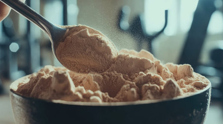 A close-up of protein powder being scooped into a bowl, with a gym setting in the background.の素材