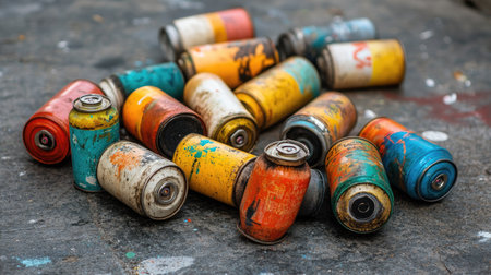 A collection of old, used spray paint cans with faded colors, scattered on an urban sidewalk.の素材