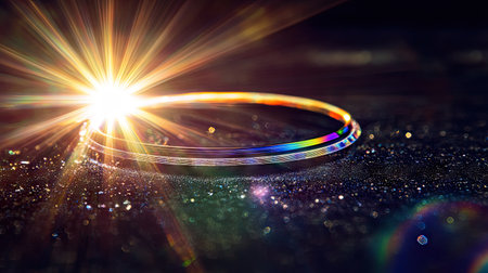 A circular sun flare emitting intense light beams and rainbow-like refractions on a black surface.の素材