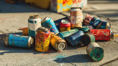 A collection of old, used spray paint cans with faded colors, scattered on an urban sidewalk.の素材