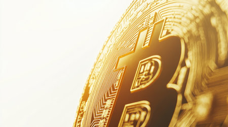 A close-up view of a shiny golden bitcoin coin with the logo visible, set against a bright white background.の素材