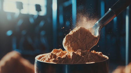 A close-up of protein powder being scooped into a bowl, with a gym setting in the background.の素材