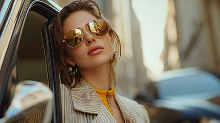 A confident woman in mirrored aviator sunglasses and a casual-chic outfit, standing next to a luxury car.の素材