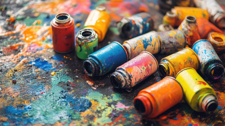 A collection of spray paint cans scattered on the ground, surrounded by splashes of bright paint.の素材