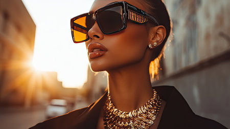 A chic woman in rectangular sunglasses and a statement necklace, framed by the golden hour sunlight.の素材