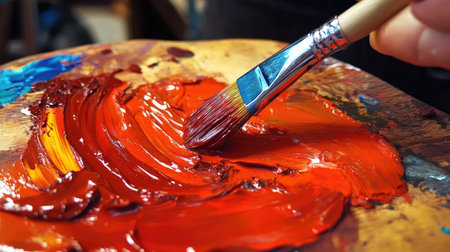 A close-up of an artist's hand mixing vibrant red and blue paints on a wooden palette with a fine-tipped brush.の素材