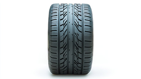 A close-up shot of a car tire with detailed tread, isolated on a white background, showcasing its durability.の素材