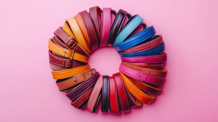 A collection of colorful leather belts arranged in a fan shape on a pastel pink background.の素材