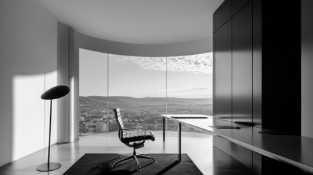 A corner office space with a panoramic view, empty desk, and stylish minimalist furnishings in black and white tones.の素材