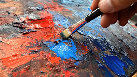 A close-up of an artist's hand mixing vibrant red and blue paints on a wooden palette with a fine-tipped brush.の素材