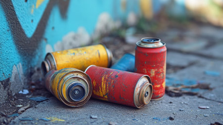 A collection of old, used spray paint cans with faded colors, scattered on an urban sidewalk.の素材